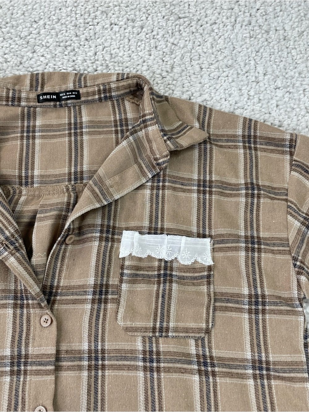 Upcycled Reworked Plaid Flannel. Fox Nature Plaid Shabby Chic Lace XL - Picture 3 of 9